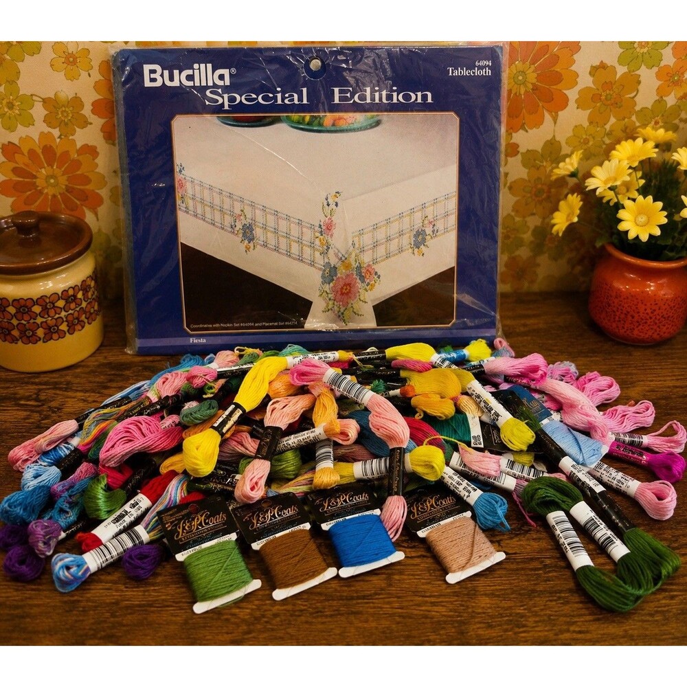 Vintage Bucilla Fiesta Stamped Tablecloth Kit 1994 + 56 Embroidery Floss Skeins